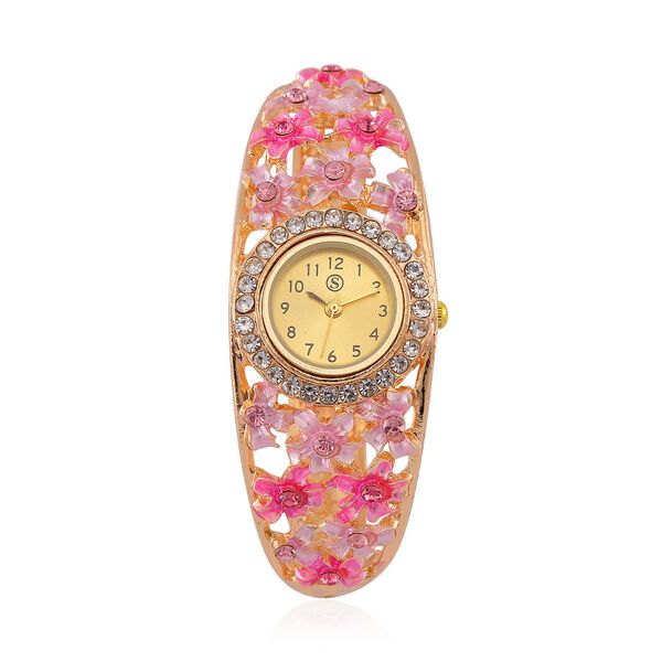Strada - Elegante Bangle-Uhr mit Gold-Sonne-Zifferblatt, Lila und weiße Kristallen, Japanischem Uhrwerk, Reiner Edelstahl, emailliert, Rosa image number 0