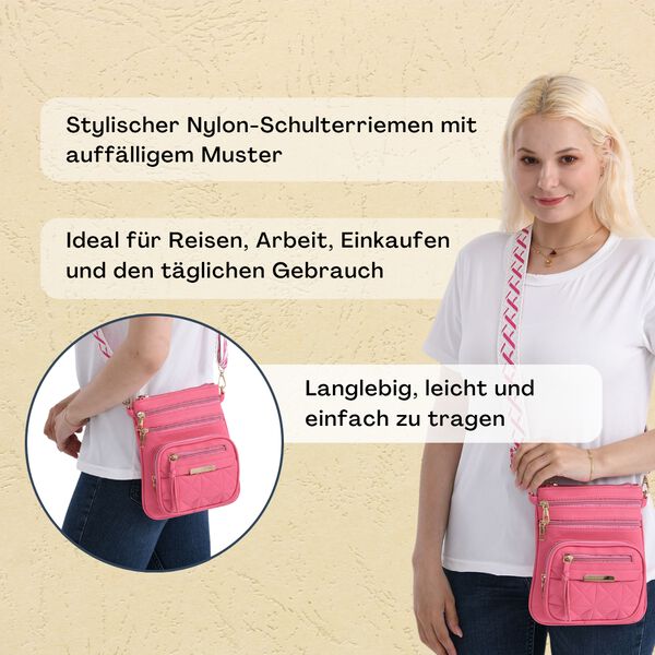 Crossbody-Tasche mit mehreren Reißverschlussfächern und gemustertem Gurt, 19x22cm, Rosa image number 3