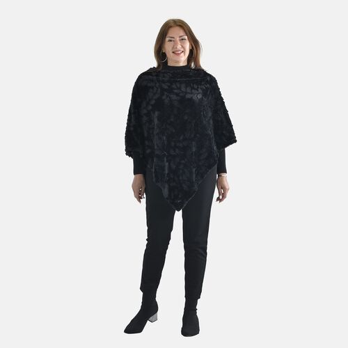 Kunstfell Poncho mit Blattmuster, Schwarz image number 0