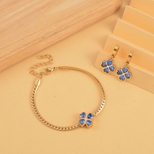 2er Set - Blauer Kristall Armband und Ohrringe, Reiner Edelstahl vergoldet image number 1