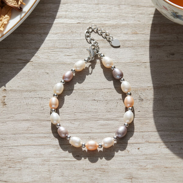 Mehrfarbige S&uuml;&szlig;wasser Perle Armband ca. 16.5 cm + 3.5 cm Extender, Nickelfreies Messing, Silberfarben image number 2