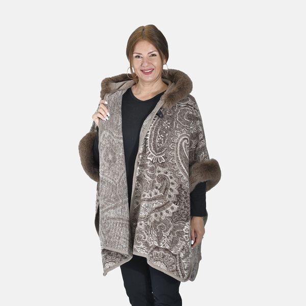 LA MAREY - Kunstfell Poncho mit Kapuze, One Size, Braun image number 6