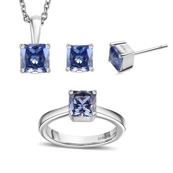 3er Set - Tansanit Zirkonia Anh&auml;nger mit Kette, Ring und Ohrringe, Edelstahl