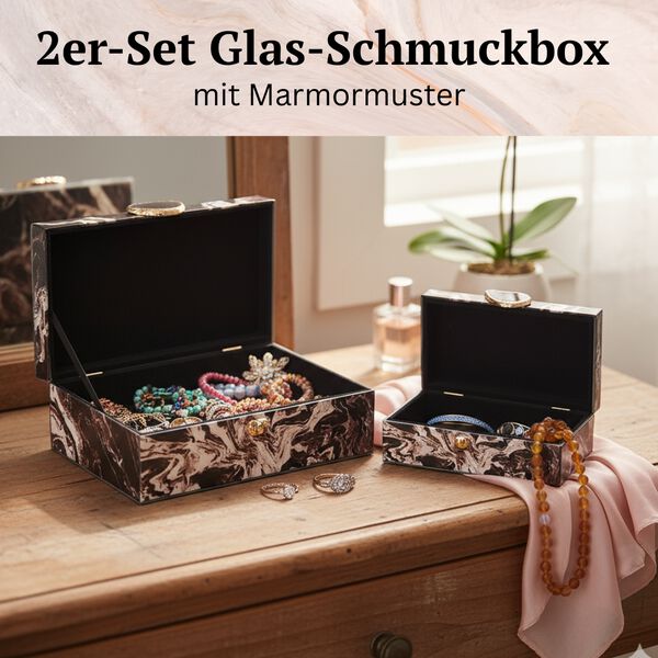 2er-Set Glas-Schmuckbox mit Marmormuster, 28x18x10cm (L) und 21x12x7cm (S), Schwarz image number 0