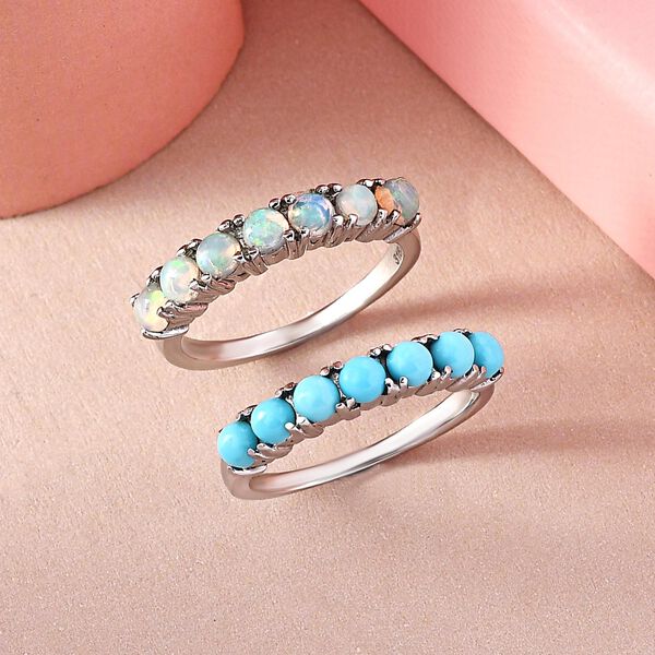 2er Set - Sleeping Beauty T&uuml;rkis und nat&uuml;rlicher, &auml;thiopischer Opal-Half-Eternity-Ring in Silberton, 1,35 ct. image number 2