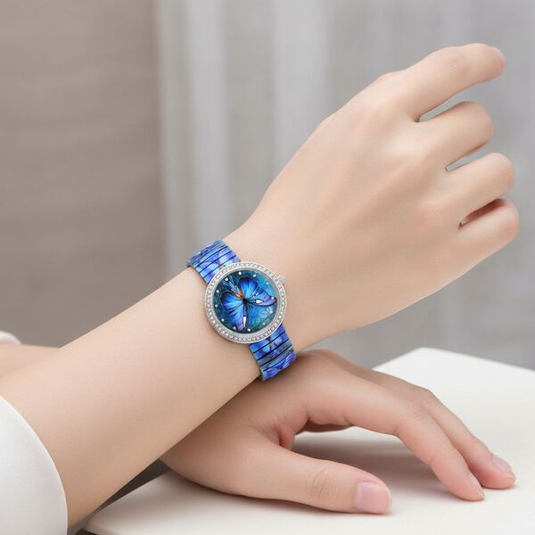 STRADA - Armbanduhr mit Schmetterlingsmotiv, Kristall-L&uuml;nette, Japanisches Uhrwerk, Edelstahlzugband, Reiner Edelstahl image number 3