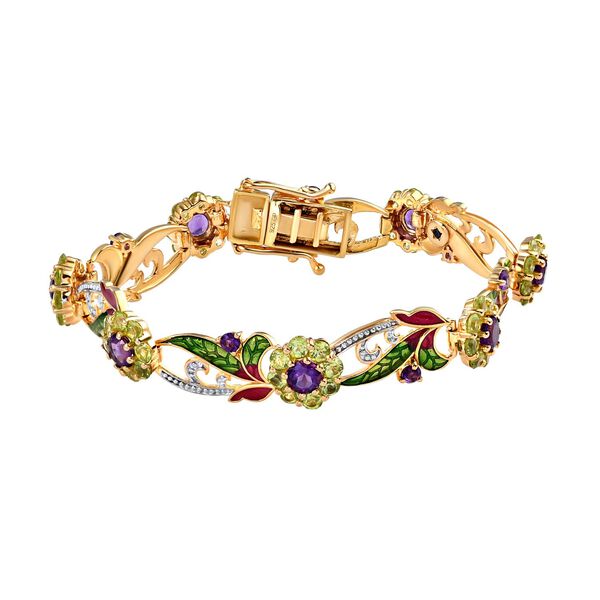 GP Italian Garden Kollektion - Afrikanisches Amethyst, Peridot und Kanchanaburi blaues Saphir emailliertes Armband in Silber image number 0