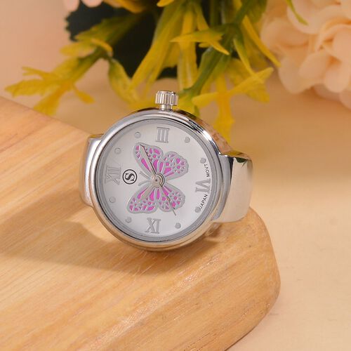 Neueinführung - STRADA Japanisches Uhrwerk, Wasserdicht Rosa Schmetterlingsmuster Biegsame Fingeruhr aus reinem Edelstahl image number 1
