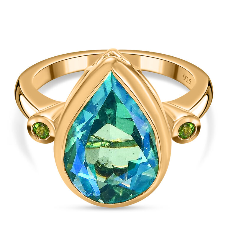 Pfau Triplett Quarz, natürlicher Chromdiopsid Ring 925 Silber vergoldet (Größe 16.00) ca. 6.02 ct image number 0