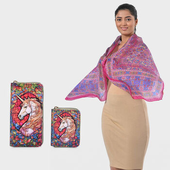 Geldb&ouml;rsen-Set mit Einhornmuster und bedruckter Schal aus 100% Seide