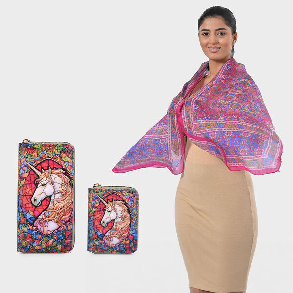 Geldbörsen-Set mit Einhornmuster und bedruckter Schal aus 100% Seide image number 0