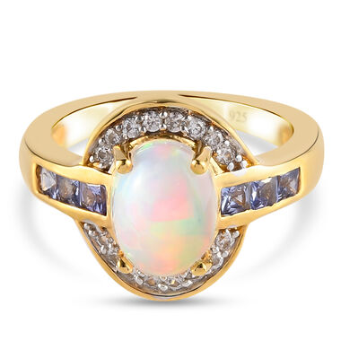 Natürlicher, äthiopischer Opal und Tansanit-Ring, 925 Silber Gelbgold Vermeil  ca. 1,79 ct