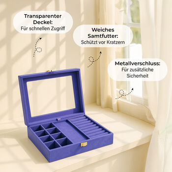 Samt Schmuckbox mit 5 Silberputzt&uuml;chern, 20x15x5cm, Lila