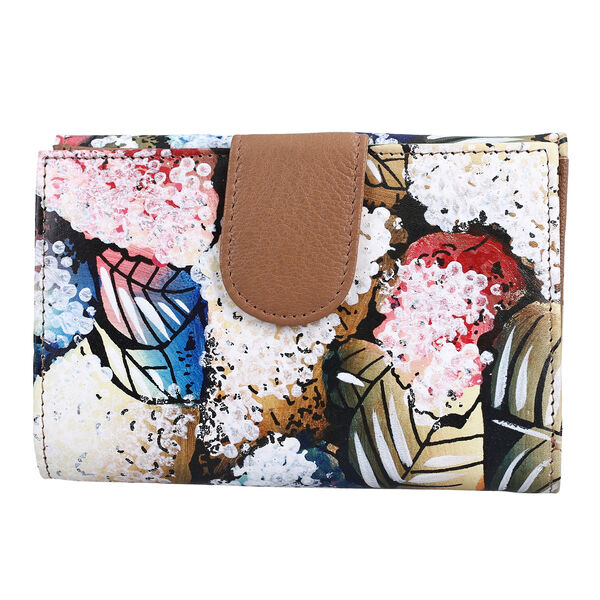 SUKRITI - handbemalte Bi-Fold Geldbörse aus echtem Leder mit RFID Schutz, Blumenmuster, 14x9,52 cm, Braun image number 4