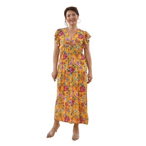 Maxi Kleid mit gesmokter Taille und Flatterärmel, One Size, gelb image number 0