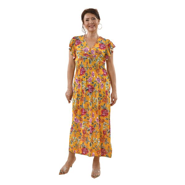 Maxi Kleid mit gesmokter Taille und Flatter&auml;rmel, One Size, gelb