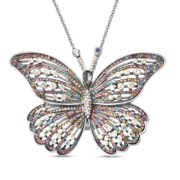 Mehrfarbige Kristall- und graue Glasperlen-Schmetterling-Brosche/Anh&auml;nger mit 60 cm Kette - 4 ct.