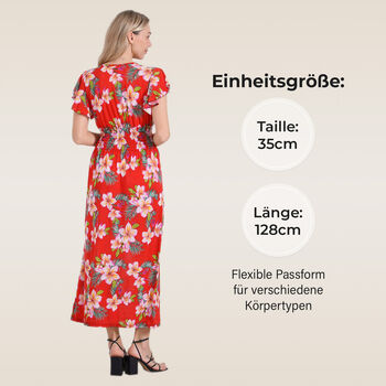 Gesmokter Maxikleid mit Volant&auml;rmeln, Rosa und rotes mit Blumenmuster, Einheitsgr&ouml;&szlig;e