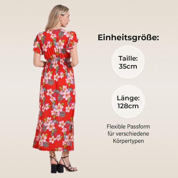 Gesmokter Maxikleid mit Volantärmeln, Rosa und rotes mit Blumenmuster, Einheitsgröße image number 4