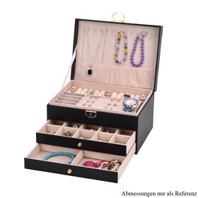 3-lagige Elegante Schmuckaufbox mit Schloss, 5 Silberputztüchern, 23x17x13cm, Schwarz
