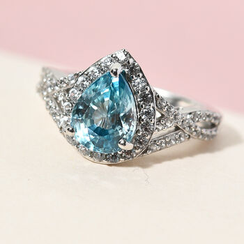 Kambodschanischer blauer und Wei&szlig;er Zirkon Ring 925 Silber platiniert