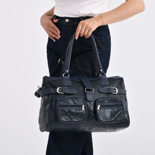 Patchwork Crossbody-Tasche aus Schafleder mit mehreren Reißverschlussfächern, 40×16,5×25,5 cm, Blau image number 3