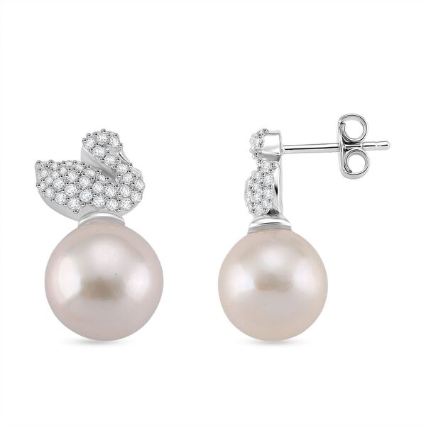 Weiße Edison Perle (9-10mm), Moissanit Ohrringe 925 Silber rhodiniert image number 0