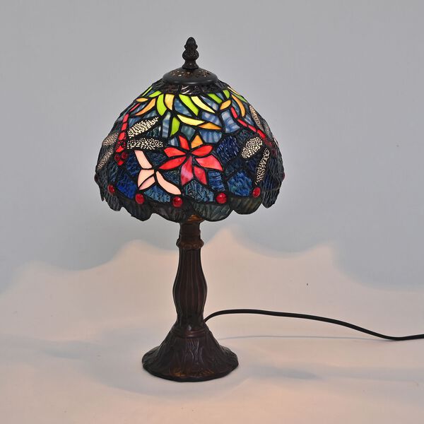 Art-Decor Lampe im Tiffany-Stil mit Buntglas und Aluminium, Handarbeit, E14 Fassung - 25W, 36 cm, blaue Libelle