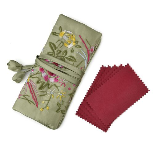 Schmuckorganizer aus Satin mit Stickerei und 5 Premium-Poliertüchern, 20x9cm, Olive image number 0