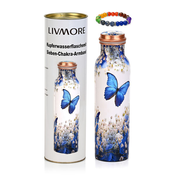 2er-Set - LIVMORE Kupfer-Trinkflasche mit 7-Chakra-Gravur (ca. 900 ml) und Armband mit Chakra-Perlen aus Edelsteinen - Wei&szlig; und Schmetterling