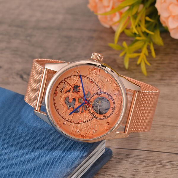 GENOA TIME V2 - Automatische mechanische Uhr mit Drachenmuster und Edelstahl-Mesharmband, 23 cm, rosevergoldet, ca. 89,00g image number 2
