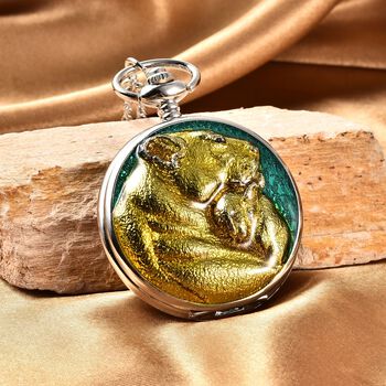 STRADA Taschenuhr mit 79cm Kette im L&ouml;we und L&ouml;wenbaby Motiv, Japanisches Uhrwerk