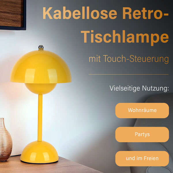 Kabellose Tischlampe im minimalistischen Retro-Pilzdesign &ndash; Touch-Steuerung, gelb image number 1