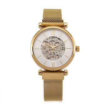 GENOA TIME V2 Automatik-Mechanische Uhr, 37mm, IPG-Beschichtung, Wei&szlig;es Sonnenschliff-Zifferblatt, Edelstahl-Mesh-Armband mit Magnetverschluss, Edelstahl-Geh&auml;useboden mit Glas, Wasserdicht, Goldfarben