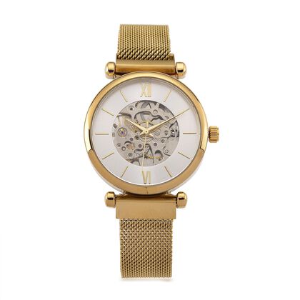 GENOA TIME V2 Automatik-Mechanische Uhr, 37mm, IPG-Beschichtung, Wei&szlig;es Sonnenschliff-Zifferblatt, Edelstahl-Mesh-Armband mit Magnetverschluss, Edelstahl-Geh&auml;useboden mit Glas, Wasserdicht, Goldfarben