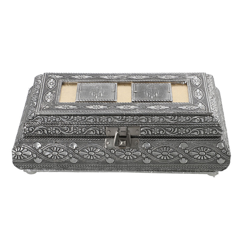 Handgefertigte Aufbewahrungsbox aus Teakholz mit Aluminiumfinish, Antik-Stil, Silber image number 0