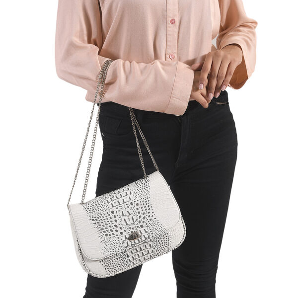 Umh&auml;ngetasche aus echtem Leder mit Kroko-Pr&auml;gung und Kettenriemen, Beige image number 2