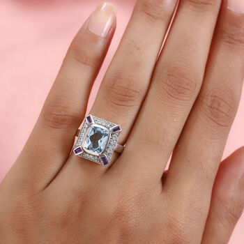 Schweizer Blautopas und Afrikanischer Amethyst Ring 925 Silber platiniert (Gr&ouml;&szlig;e 16.00) ca. 4,11 ct