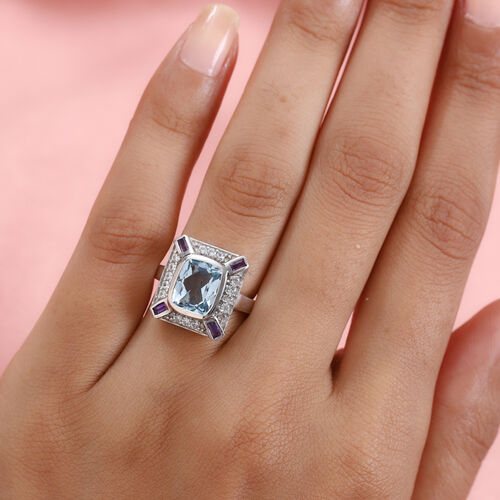 Schweizer Blautopas und Afrikanischer Amethyst Ring 925 Silber Platin-Überzug image number 0