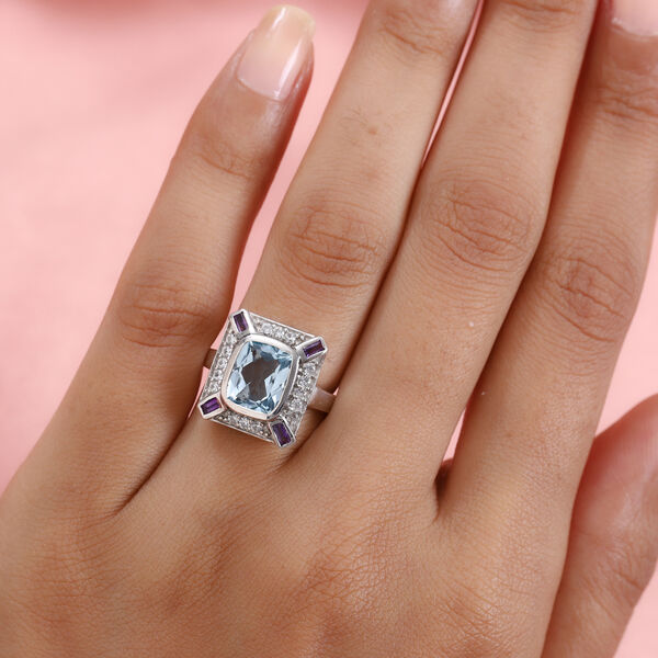 Schweizer Blautopas und Afrikanischer Amethyst Ring 925 Silber Platin-&Uuml;berzug