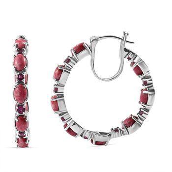 Norwegische Thulit und Rhodolith Granat Creolen, 925 Silber platiniert ca. 11.39 ct