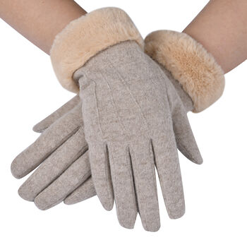 LA MAREY - Kaschmirwolle Handschuhe mit Kunstfell Bord&uuml;re, Beige