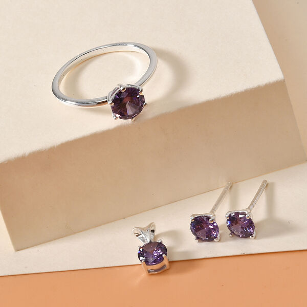 3er-Set Amethyst Zirkonia Solitär Ring, Ohrstecker und Anhänger 925 Silber ca. 2,50 ct image number 2