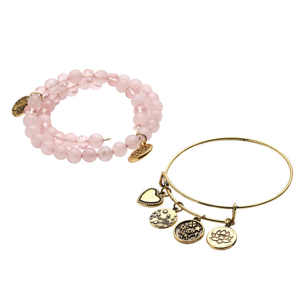 2er- Set Rosenquarz und Glas-Armreif, ca. 17 -19 cm, goldfarben ca. 157,50 ct image number 3