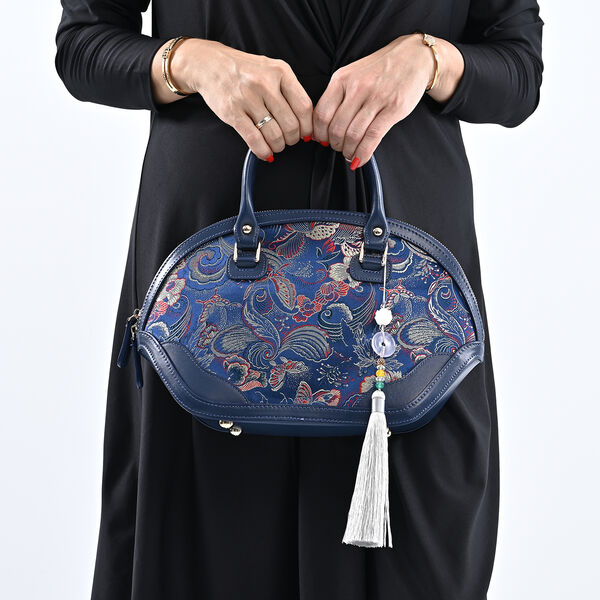 Brokat-Handtasche mit 100% Leder-Griffen, mit Jade-Quaste, florales Muster, Blau image number 2