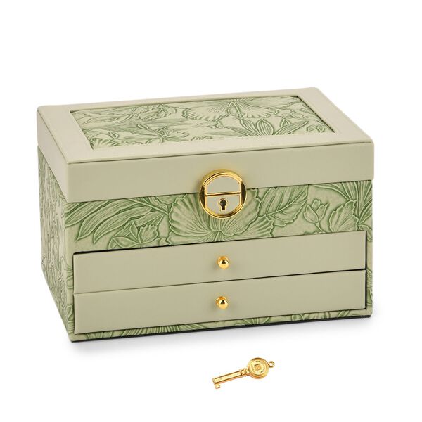 3-lagige PU Schmuckk&auml;stchen mit gepr&auml;gtem Blumenmuster, 22x17x13 cm, Gr&uuml;n image number 3