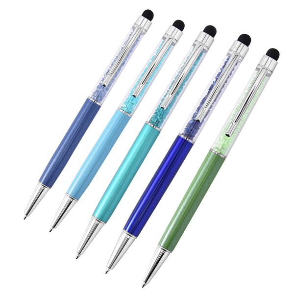 5er Set - Kristall gef&uuml;llte Aluminium-Kugelschreiber, blau/gr&uuml;n