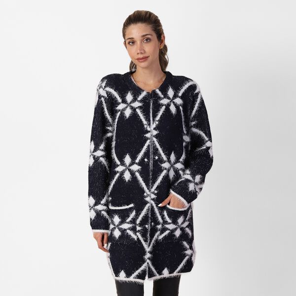 Langer Cardigan mit Taschen und Knopf, gestrickt, Einheitsgr&ouml;&szlig;e Dunkelblau