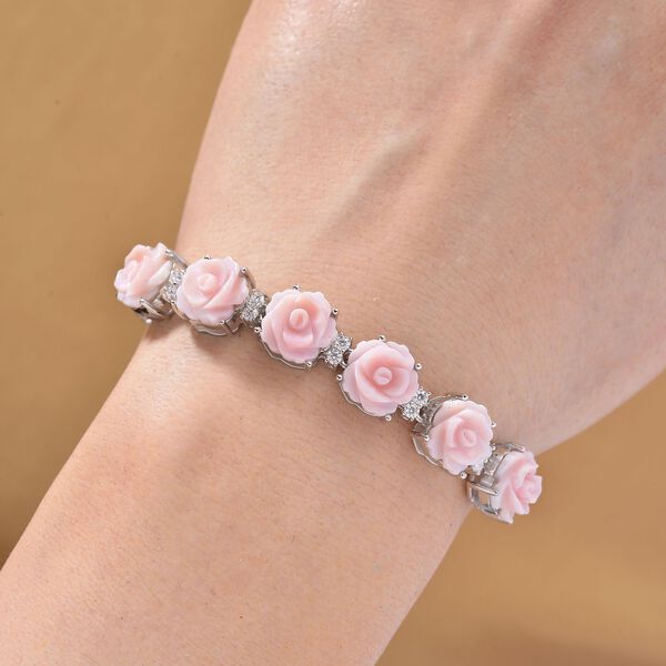 D'Joy Nat&uuml;rlicher Rosa K&ouml;nigsmuschel Perle (10x10 mm), Peridot Armband ca. 20 cm 925 Silber rhodiniert image number 2