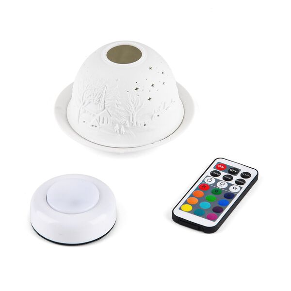 LED-Porzellan-Teelichthalter - Motiv Winterkapelle, 13-Farben-LED mit Fernbedienung, Durchmesser 10,5 cm, Höhe 7,5 cm image number 7